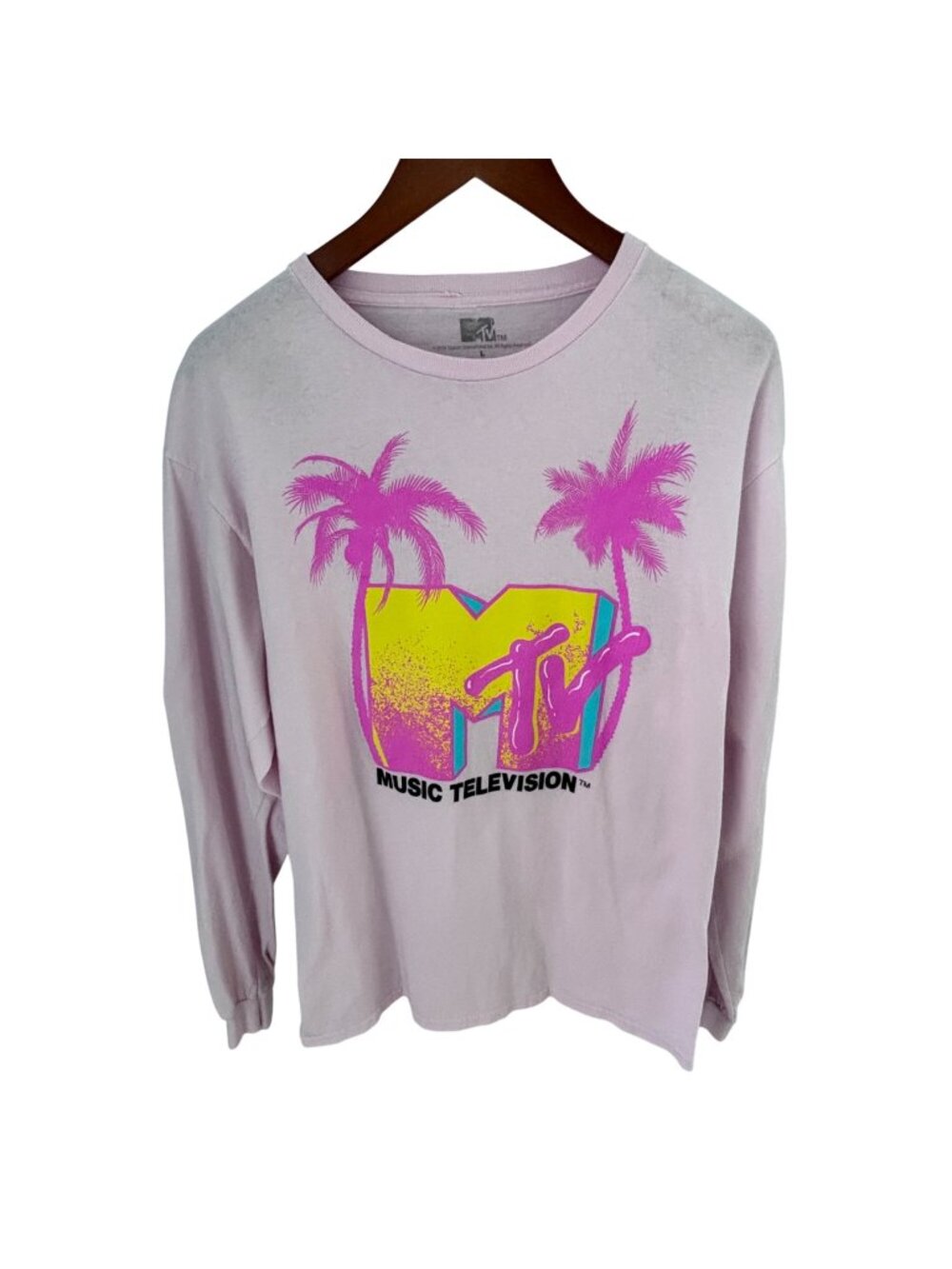 MTV Retro Women's Long Sleeve Cotton Tee Shirt Size Large Light Pink Beach Scene